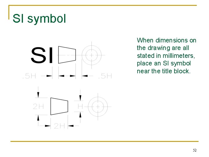 SI symbol When dimensions on the drawing are all stated in millimeters, place an SI symbol When dimensions on the drawing are all stated in millimeters, place an