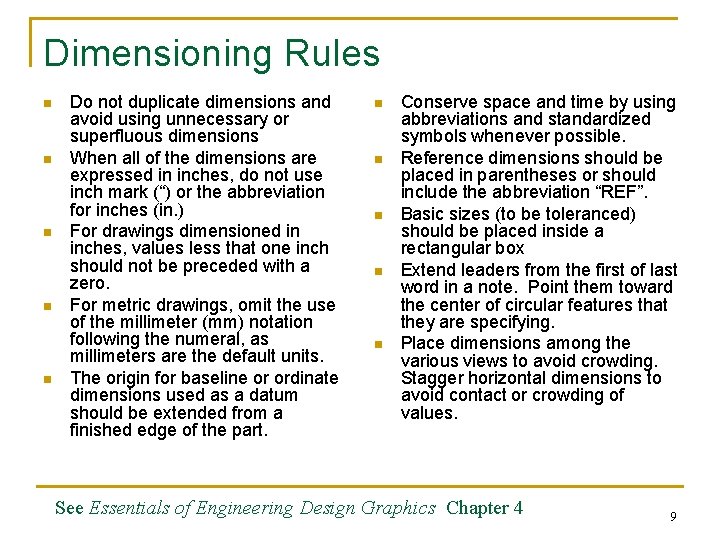 Dimensioning Rules n n n Do not duplicate dimensions and avoid using unnecessary or Dimensioning Rules n n n Do not duplicate dimensions and avoid using unnecessary or