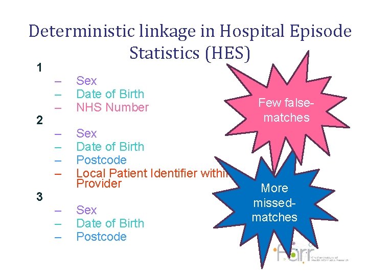 Deterministic linkage in Hospital Episode Statistics (HES) 1 2 3 – – – Sex