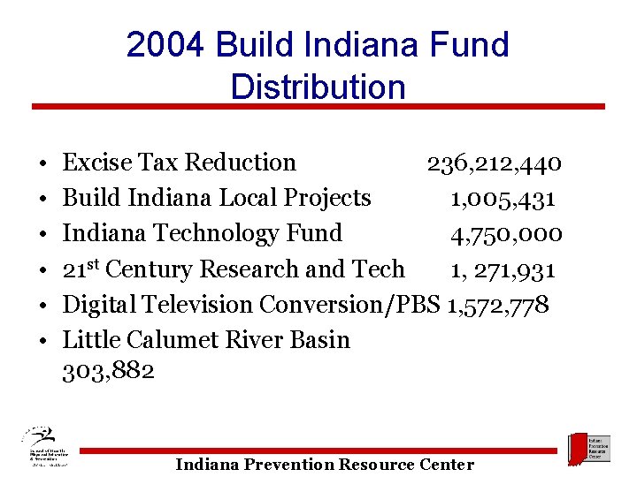 2004 Build Indiana Fund Distribution • • • Excise Tax Reduction 236, 212, 440