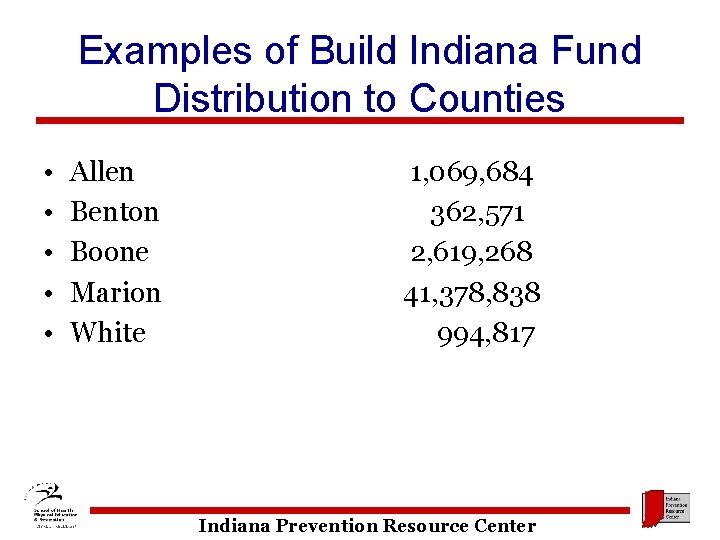 Examples of Build Indiana Fund Distribution to Counties • • • Allen Benton Boone