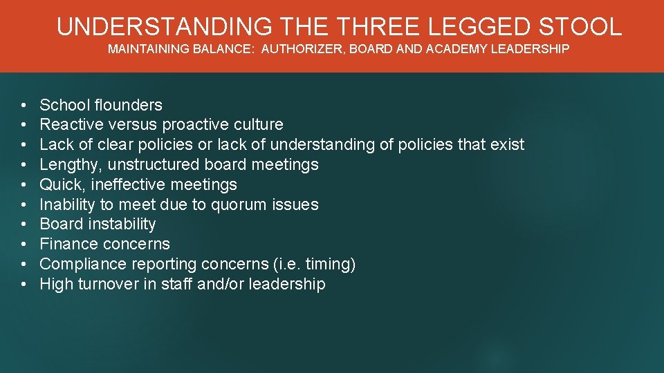 UNDERSTANDING THE THREE LEGGED STOOL MAINTAINING BALANCE: AUTHORIZER, BOARD AND ACADEMY LEADERSHIP • •
