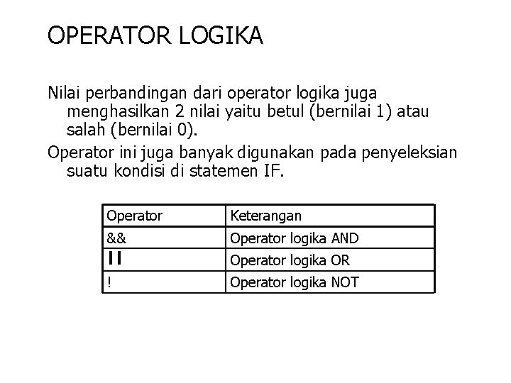 OPERATOR LOGIKA Nilai perbandingan dari operator logika juga menghasilkan 2 nilai yaitu betul (bernilai