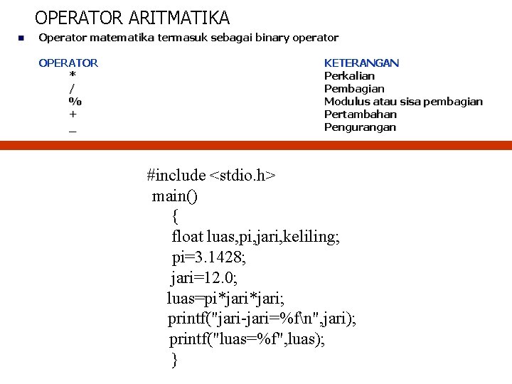 OPERATOR ARITMATIKA n Operator matematika termasuk sebagai binary operator OPERATOR * / % + OPERATOR ARITMATIKA n Operator matematika termasuk sebagai binary operator OPERATOR * / % +