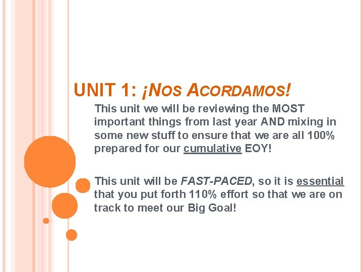 UNIT 1: ¡NOS ACORDAMOS! This unit we will be reviewing the MOST important things