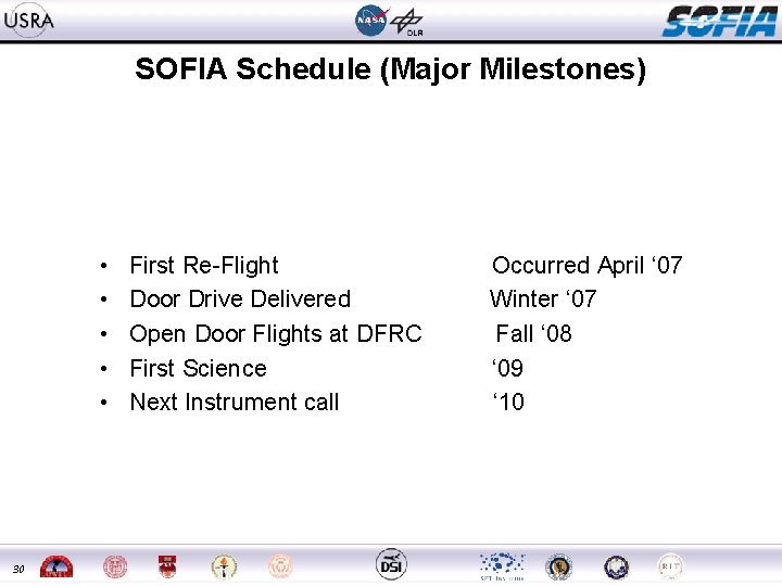 SOFIA Schedule (Major Milestones) • • • 30 First Re-Flight Door Drive Delivered Open