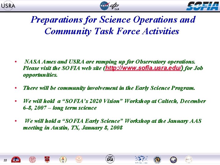 Preparations for Science Operations and Community Task Force Activities • NASA Ames and USRA