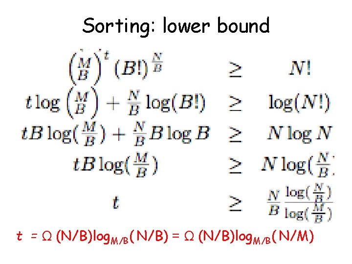 Sorting: lower bound t = Ω (N/B)log. M/B( N/B) = Ω (N/B)log. M/B( N/M)