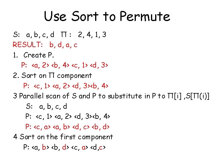 Use Sort to Permute S: a, b, c, d Π : 2, 4, 1,