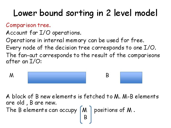 Lower bound sorting in 2 level model Comparison tree. Account for I/O operations. Operations