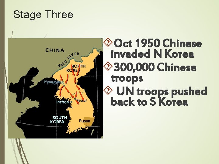 Stage Three Oct 1950 Chinese invaded N Korea 300, 000 Chinese troops UN troops