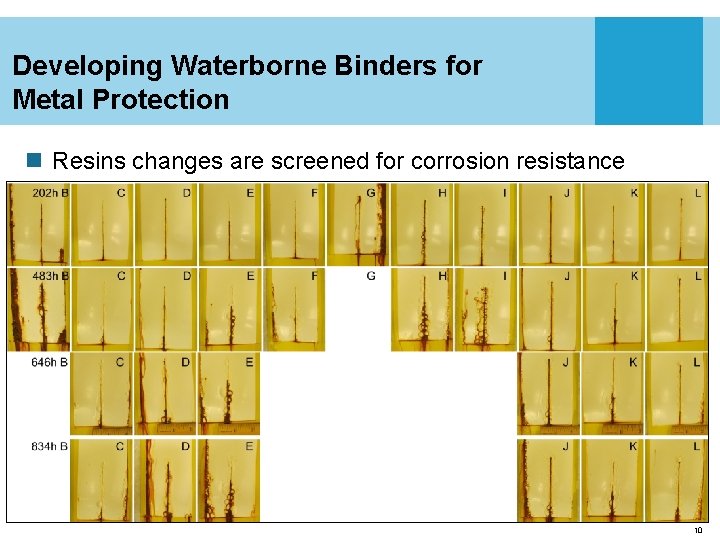 Developing Waterborne Binders for Metal Protection n Resins changes are screened for corrosion resistance