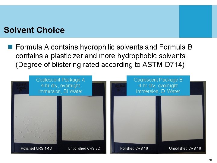 Solvent Choice n Formula A contains hydrophilic solvents and Formula B contains a plasticizer
