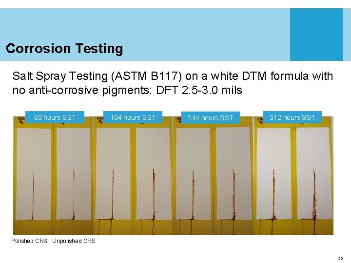 Corrosion Testing Salt Spray Testing (ASTM B 117) on a white DTM formula with