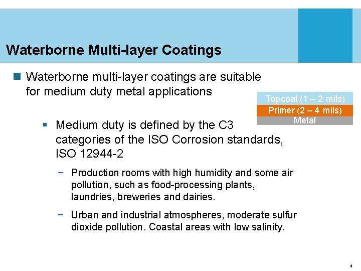 Waterborne Multi-layer Coatings n Waterborne multi-layer coatings are suitable for medium duty metal applications