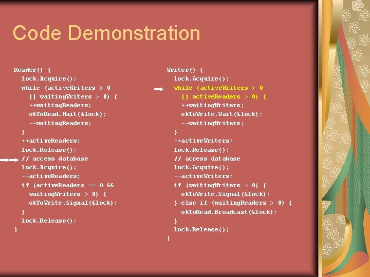 Code Demonstration Reader() { lock. Acquire(); while (active. Writers > 0 || waiting. Writers