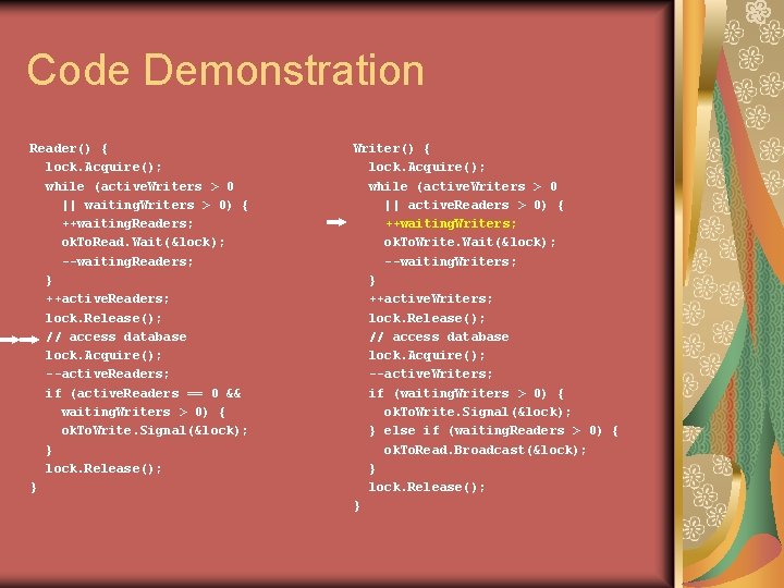 Code Demonstration Reader() { lock. Acquire(); while (active. Writers > 0 || waiting. Writers