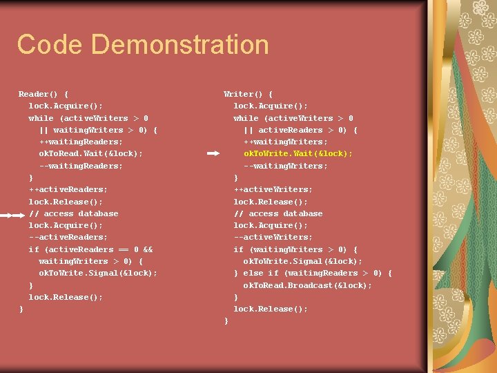 Code Demonstration Reader() { lock. Acquire(); while (active. Writers > 0 || waiting. Writers