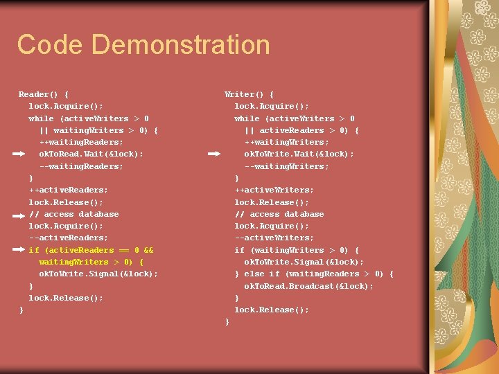Code Demonstration Reader() { lock. Acquire(); while (active. Writers > 0 || waiting. Writers