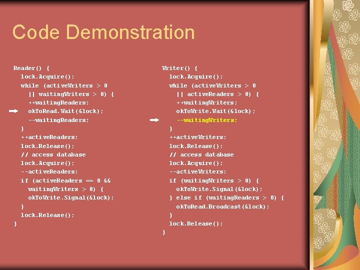 Code Demonstration Reader() { lock. Acquire(); while (active. Writers > 0 || waiting. Writers