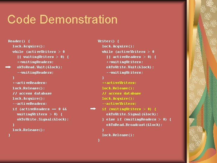 Code Demonstration Reader() { lock. Acquire(); while (active. Writers > 0 || waiting. Writers