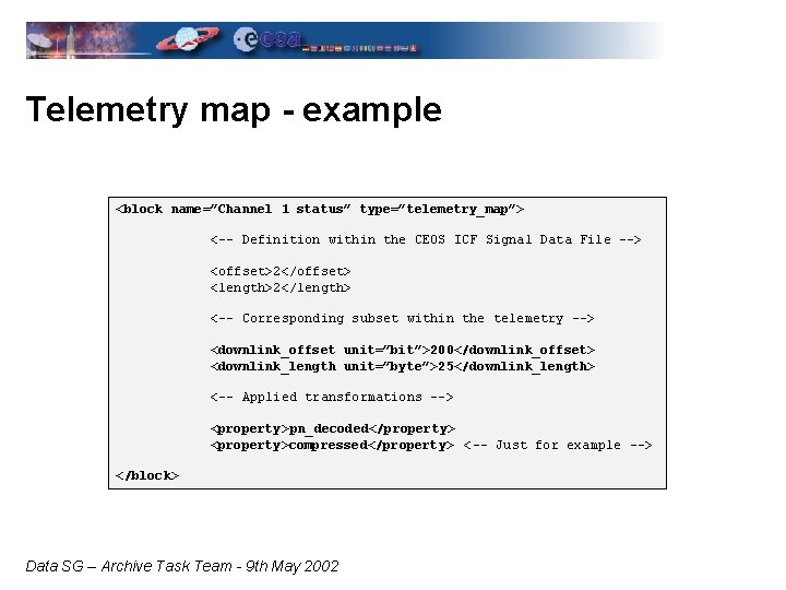 Telemetry map - example <block name=”Channel 1 status” type=”telemetry_map”> <-- Definition within the CEOS