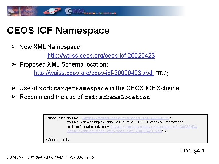 CEOS ICF Namespace Ø New XML Namespace: http: //wgiss. ceos. org/ceos-icf-20020423 Ø Proposed XML