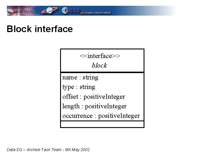 Block interface <<interface>> block name : string type : string offset : positive. Integer