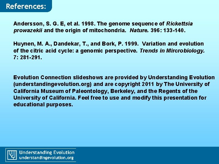 References: Andersson, S. G. E, et al. 1998. The genome sequence of Rickettsia prowazekii