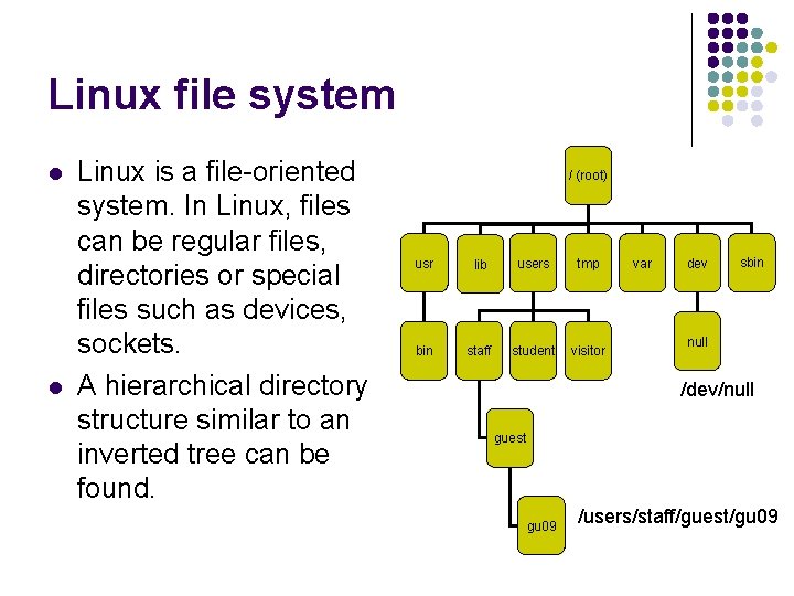 Linux file system l l Linux is a file-oriented system. In Linux, files can