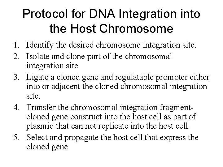 Protocol for DNA Integration into the Host Chromosome 1. Identify the desired chromosome integration