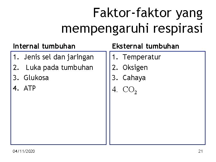 Faktor-faktor yang mempengaruhi respirasi Internal tumbuhan Eksternal tumbuhan 1. 2. 3. 4. 1. Temperatur