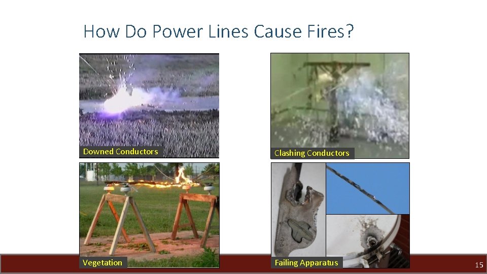How Do Power Lines Cause Fires? Downed Conductors Clashing Conductors Vegetation Failing Apparatus 15