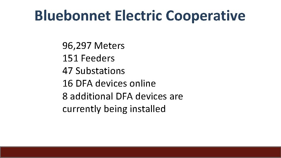 Bluebonnet Electric Cooperative 96, 297 Meters 151 Feeders 47 Substations 16 DFA devices online