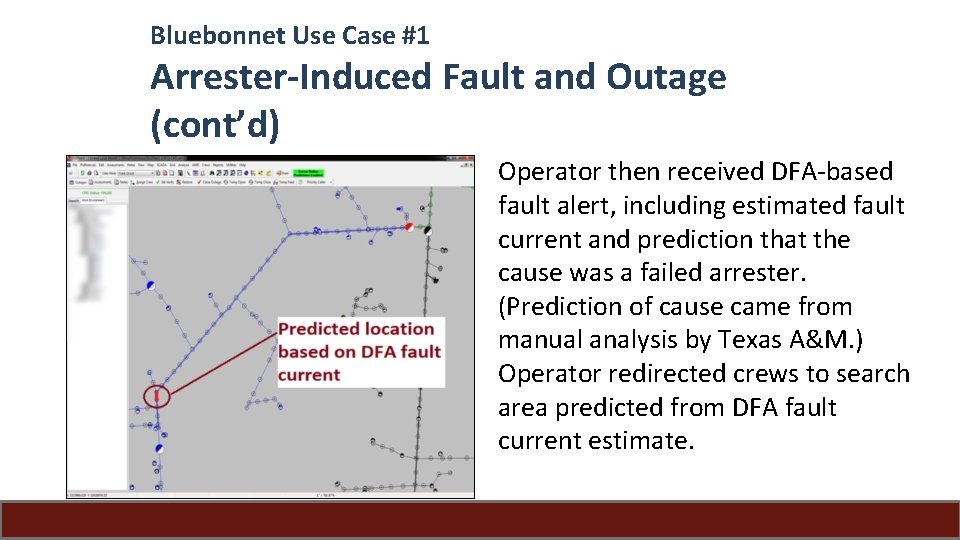 Bluebonnet Use Case #1 Arrester-Induced Fault and Outage (cont’d) Operator then received DFA-based fault