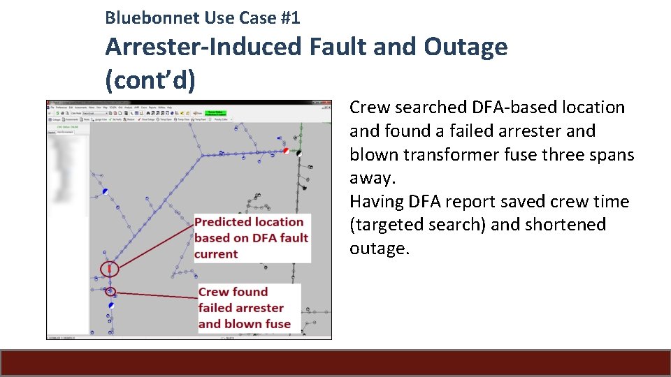 Bluebonnet Use Case #1 Arrester-Induced Fault and Outage (cont’d) Crew searched DFA-based location and