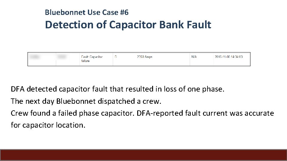 Bluebonnet Use Case #6 Detection of Capacitor Bank Fault DFA detected capacitor fault that