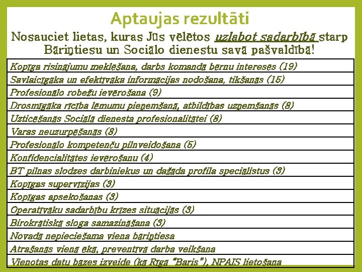 Aptaujas rezultāti Nosauciet lietas, kuras Jūs vēlētos uzlabot sadarbībā starp Bāriņtiesu un Sociālo dienestu