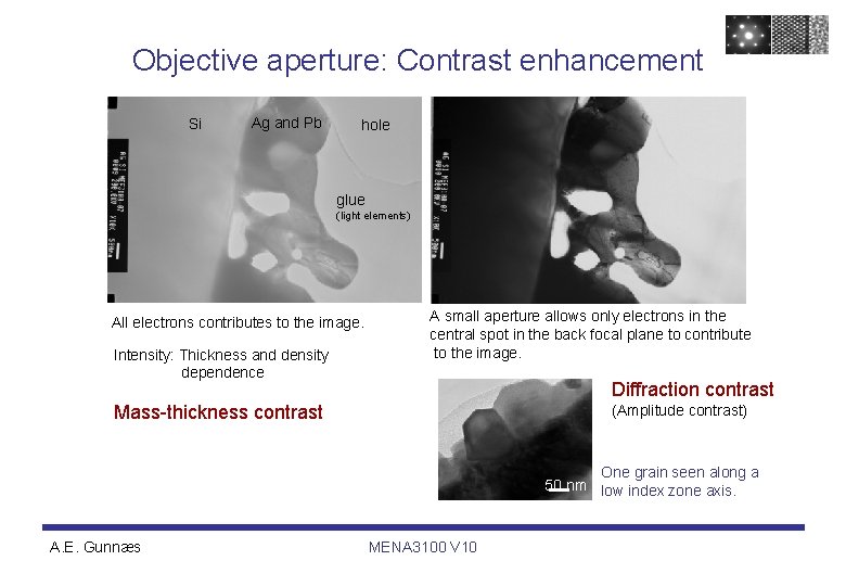 Objective aperture: Contrast enhancement Si Ag and Pb hole glue (light elements) All electrons