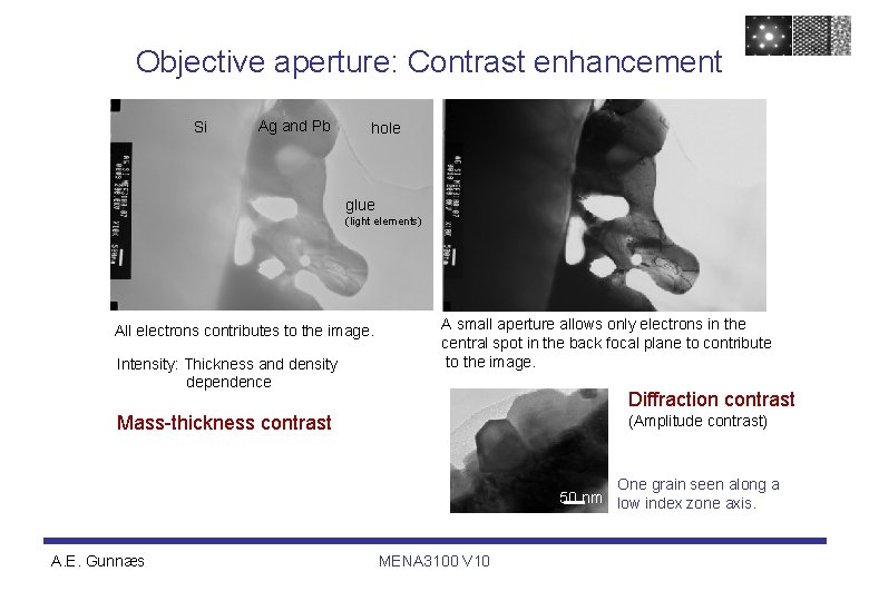 Objective aperture: Contrast enhancement Si Ag and Pb hole glue (light elements) All electrons Objective aperture: Contrast enhancement Si Ag and Pb hole glue (light elements) All electrons