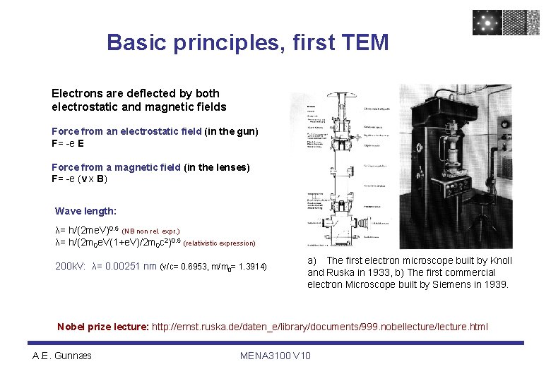 Basic principles, first TEM Electrons are deflected by both electrostatic and magnetic fields Force