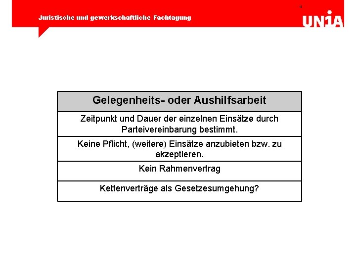 4 Juristische und gewerkschaftliche Fachtagung Gelegenheits- oder Aushilfsarbeit Zeitpunkt und Dauer der einzelnen Einsätze