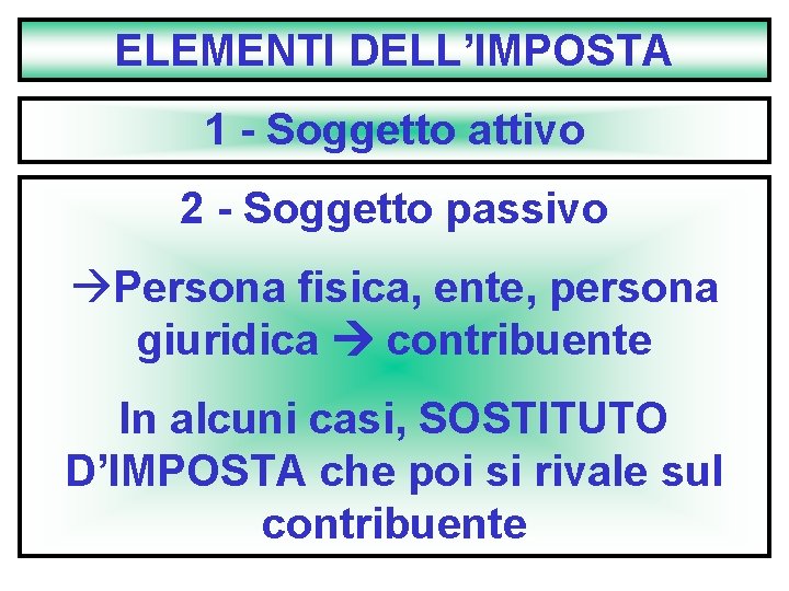 ELEMENTI DELL’IMPOSTA 1 - Soggetto attivo 2 - Soggetto passivo àPersona fisica, ente, persona