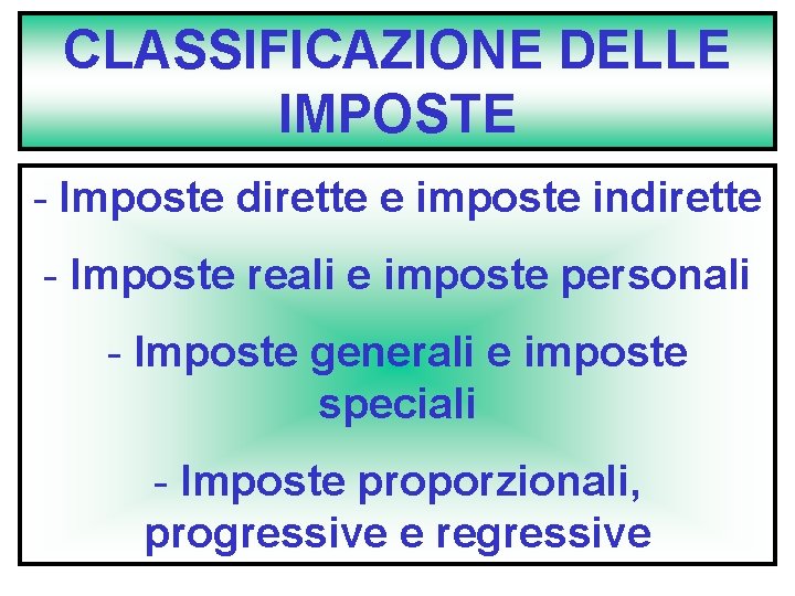 CLASSIFICAZIONE DELLE IMPOSTE - Imposte dirette e imposte indirette - Imposte reali e imposte