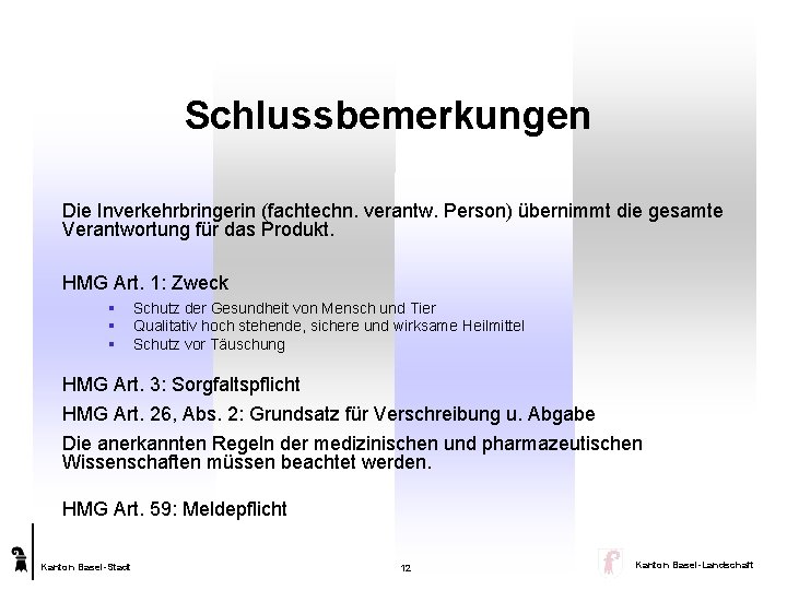 Schlussbemerkungen Die Inverkehrbringerin (fachtechn. verantw. Person) übernimmt die gesamte Verantwortung für das Produkt. HMG