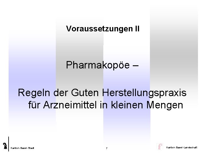 Voraussetzungen II Pharmakopöe – Regeln der Guten Herstellungspraxis für Arzneimittel in kleinen Mengen Kanton