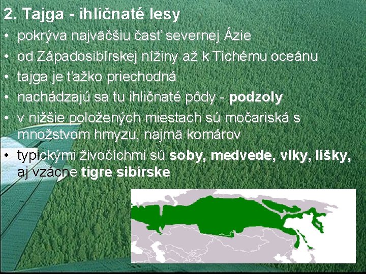 2. Tajga - ihličnaté lesy • • • pokrýva najväčšiu časť severnej Ázie od