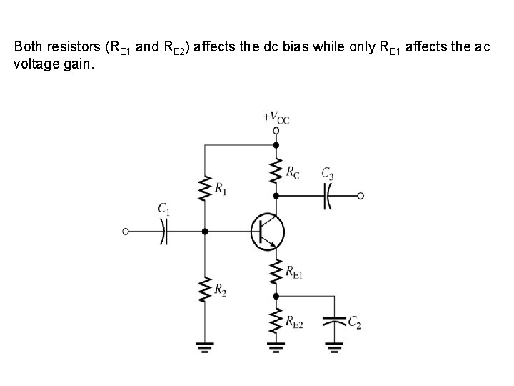 Both resistors (RE 1 and RE 2) affects the dc bias while only RE