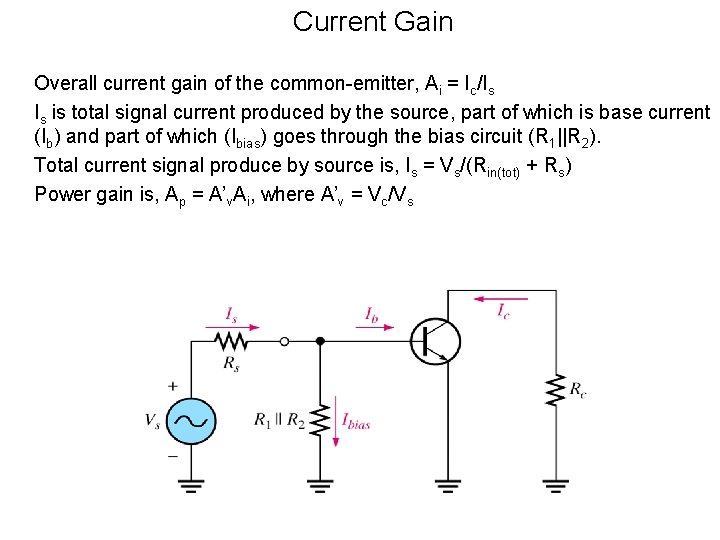 Current Gain Overall current gain of the common-emitter, Ai = Ic/Is Is is total