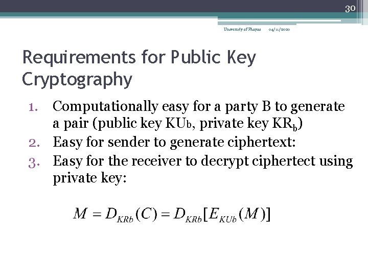 30 University of Phayao 04/11/2020 Requirements for Public Key Cryptography 1. Computationally easy for